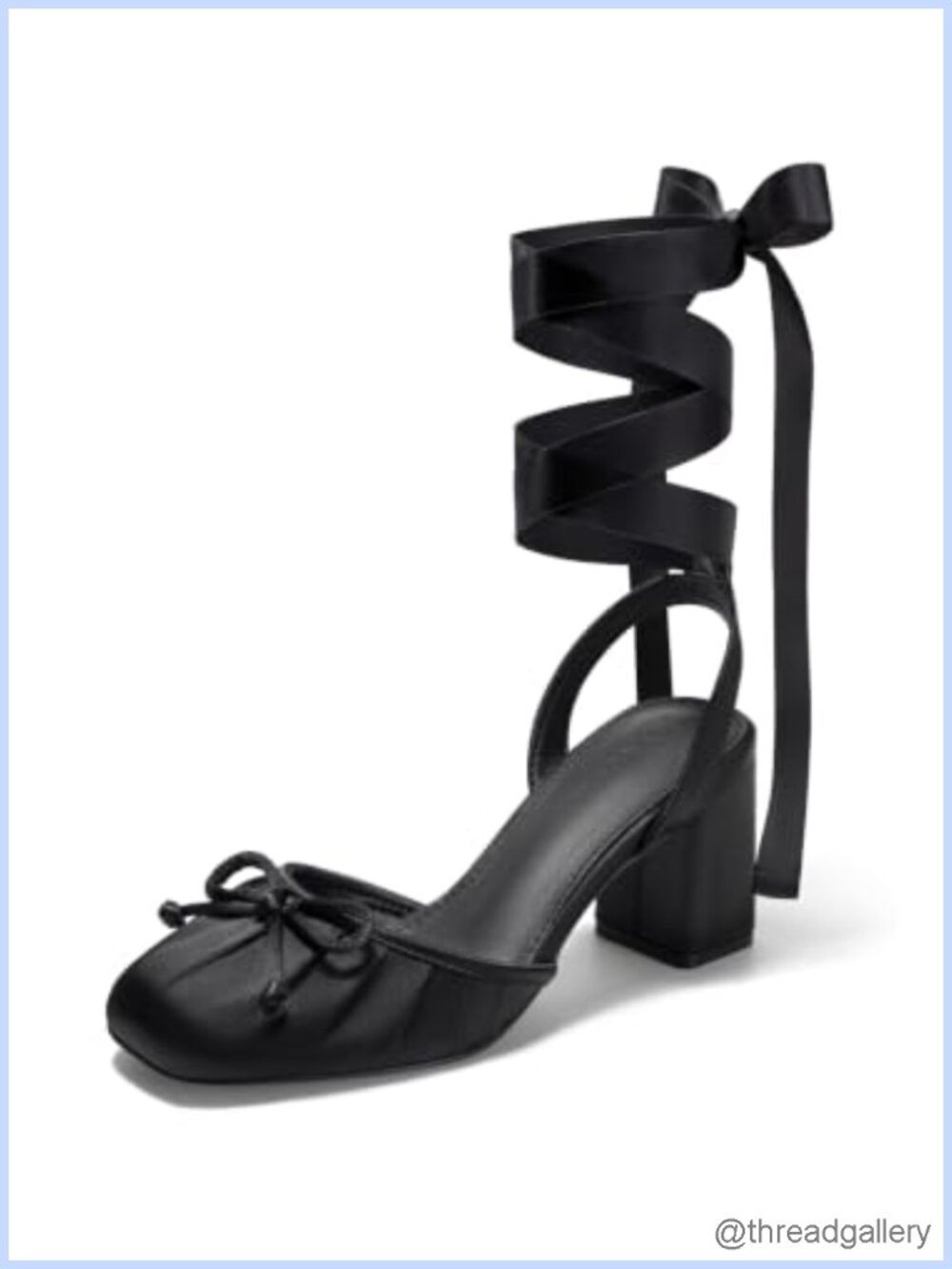 Ballet Heels Bow Closed Square Toe Chunky Block Heel Pumps Satin